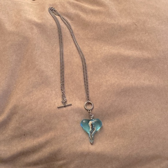 Handmade ant. silver plated finish necklace w/  heart aqua lampwork pendant - Picture 4 of 4